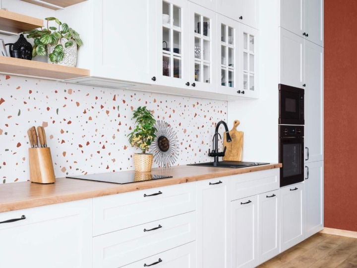 Crédence motif terrazzo  terracotta et kaki