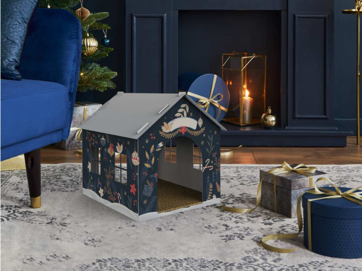 Maison en carton pour chat  édition Noël Bleue Nuit