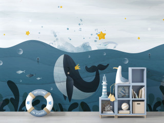 Papier peint enfant  Baleine bleue