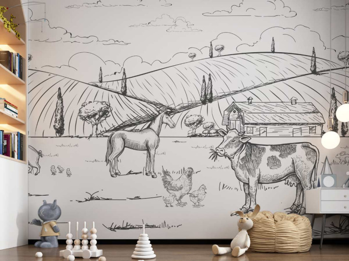 Papier peint panoramique  Dessin animaux de la ferme