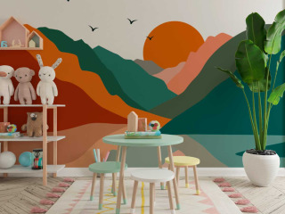 Papier peint panoramique enfant  Coucher de soleil montagneux