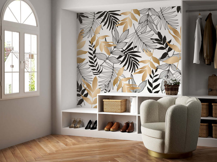 Papier peint panoramique feuilles noires et dorées Silva