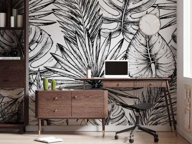 Papier peint panoramique  Feuilles tropicales illustrées noires