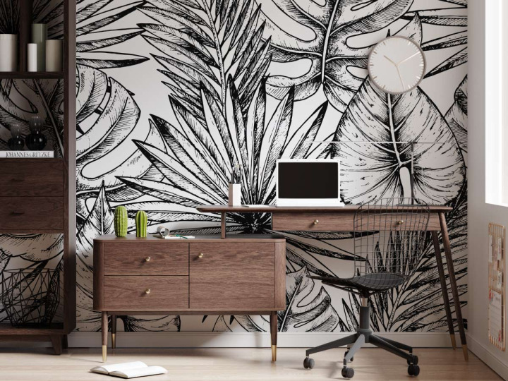 Papier peint panoramique  Feuilles tropicales illustrées noires