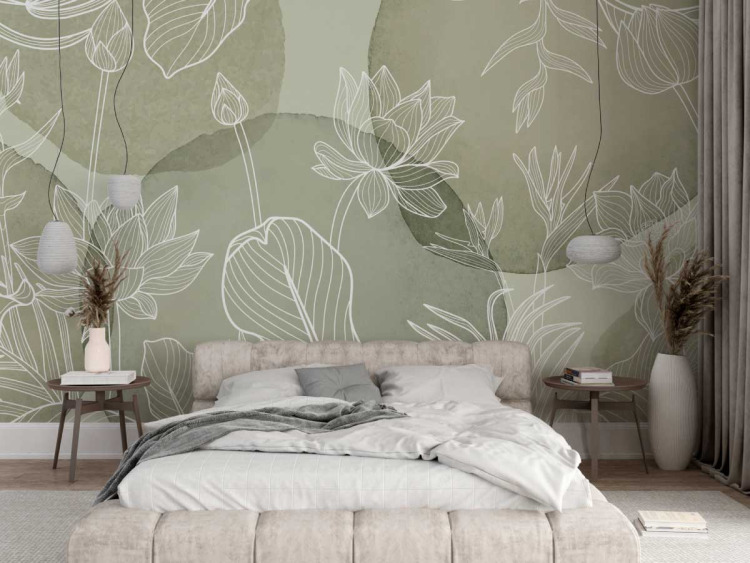 Papier peint panoramique - Forme abstraite vertes et ses fleurs