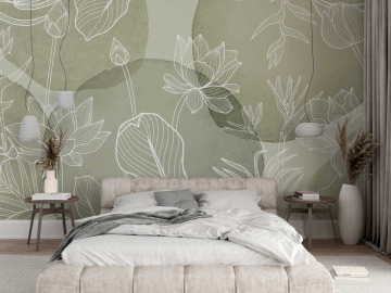 Papier peint panoramique  Formes abstraites vertes et ses fleurs