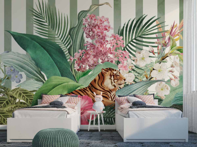 Papier Peint Panoramique  Tigre dans une jungle florale