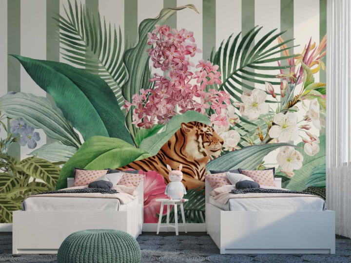 Papier Peint Panoramique  Tigre dans une jungle florale