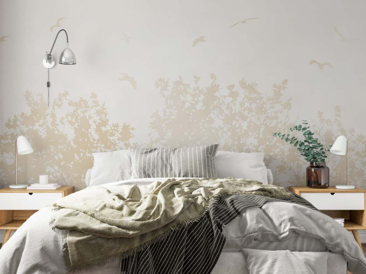 Papier peint panoramique  Feuillage beige et oiseaux