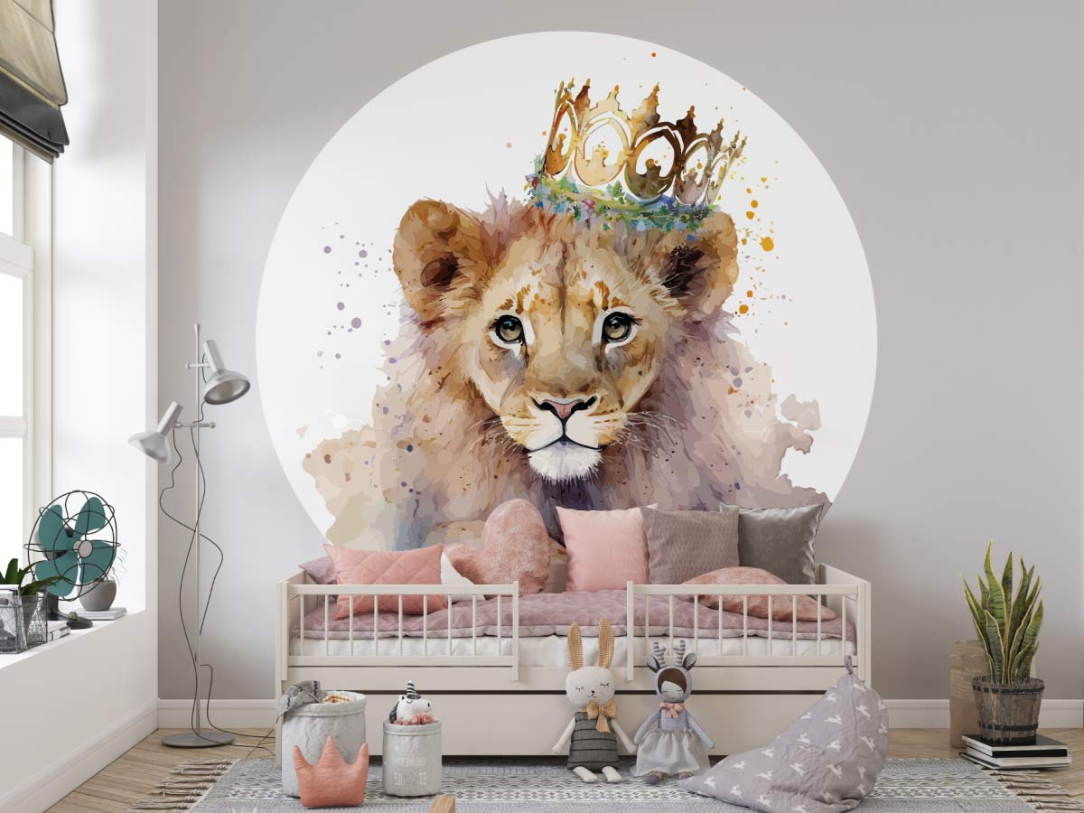 Papier peint rond pour enfant - Lion couronné en aquarelle