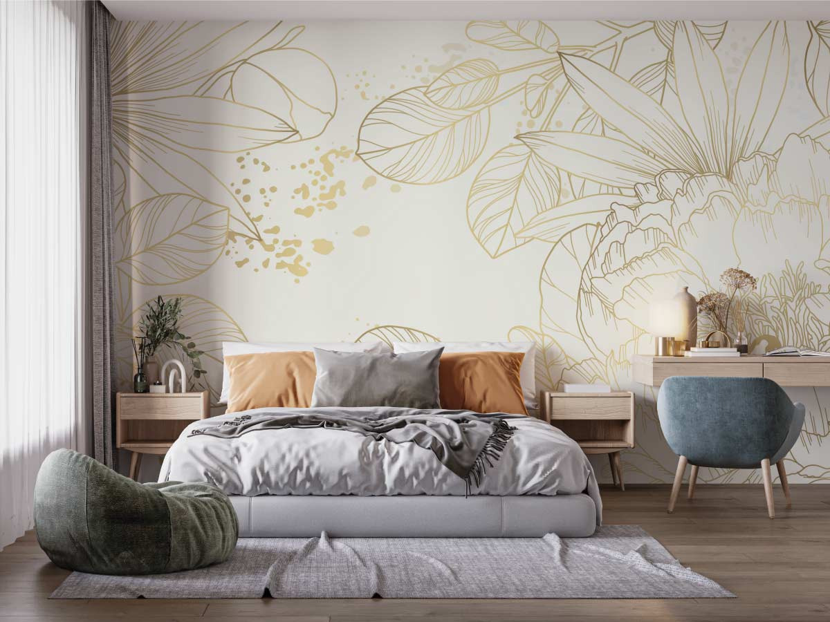 Papier peint panoramique fleurs dorées dans une chambre