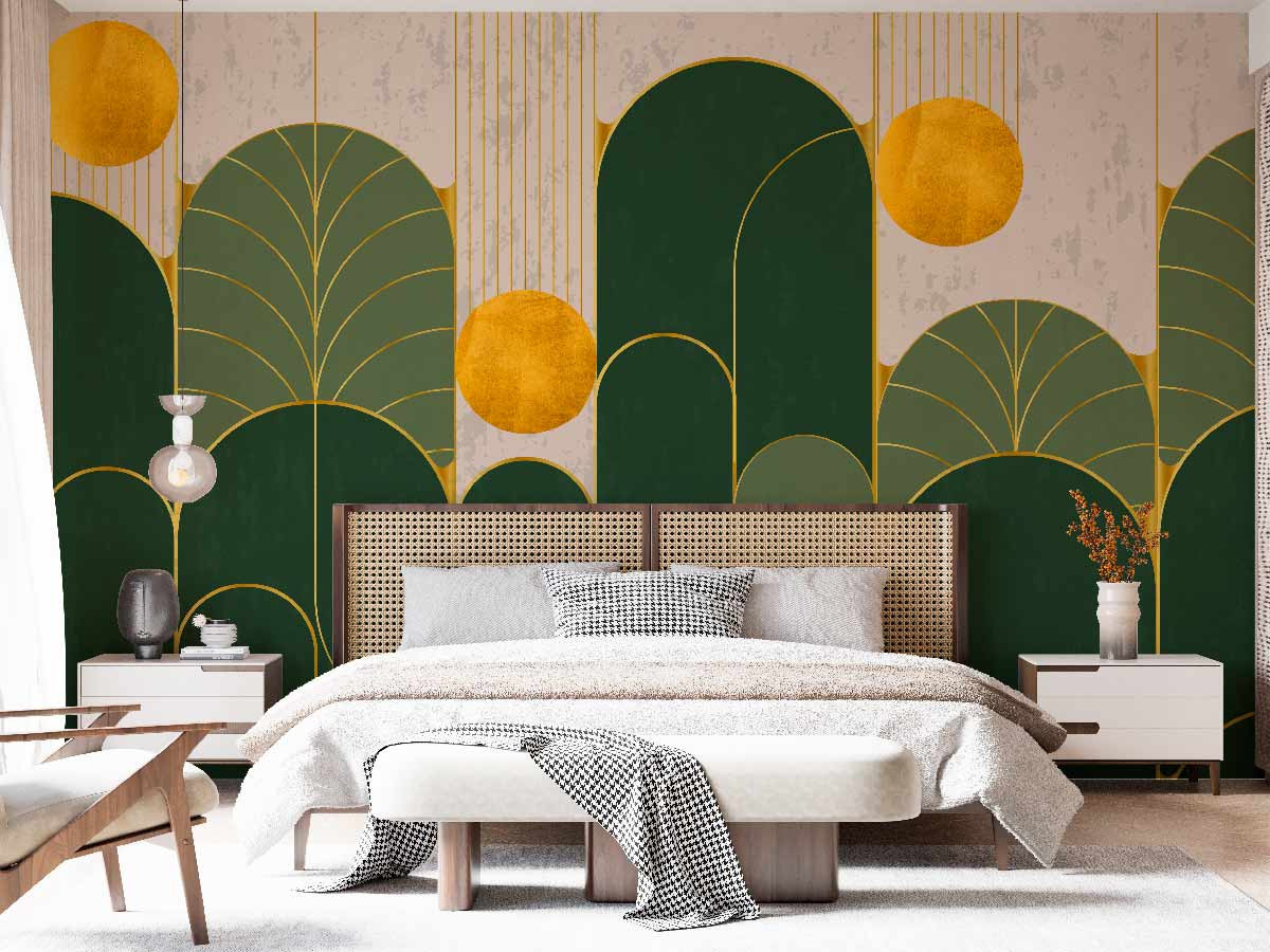 Papier peint panoramique dans une chambre représentant des arches vertes et or