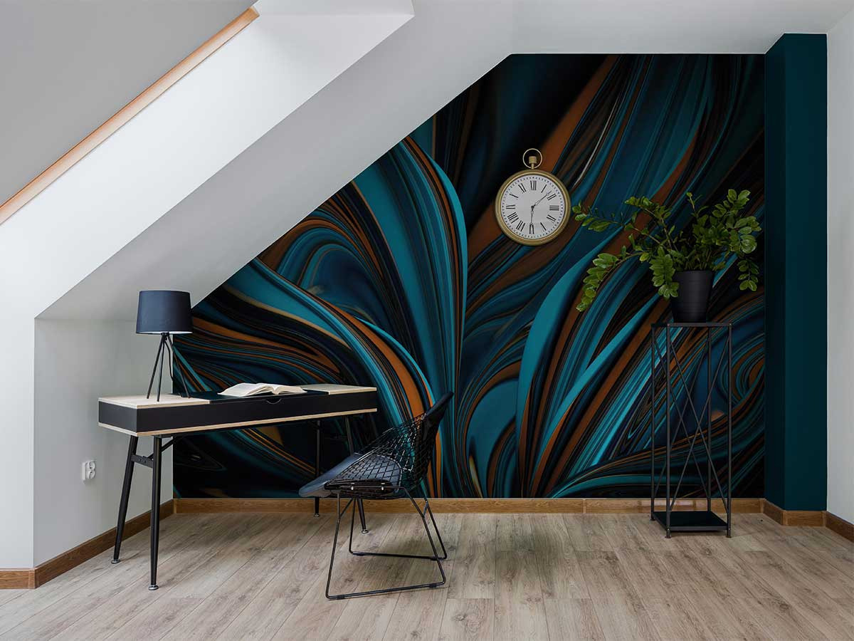 Bureau avec un papier peint panoramique fractal bleuté 