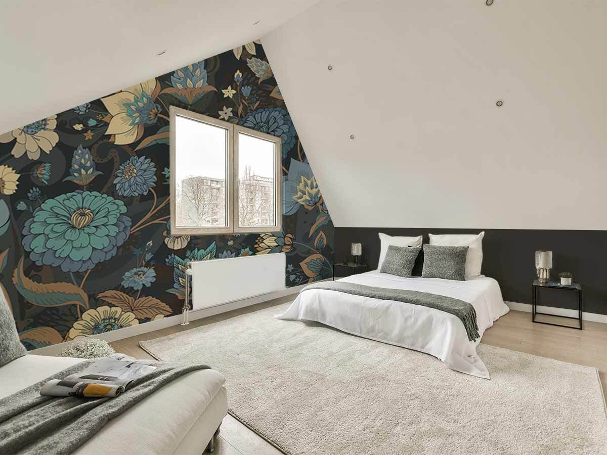 Papier peint panoramique fleurs bleues et marron dans une chambre