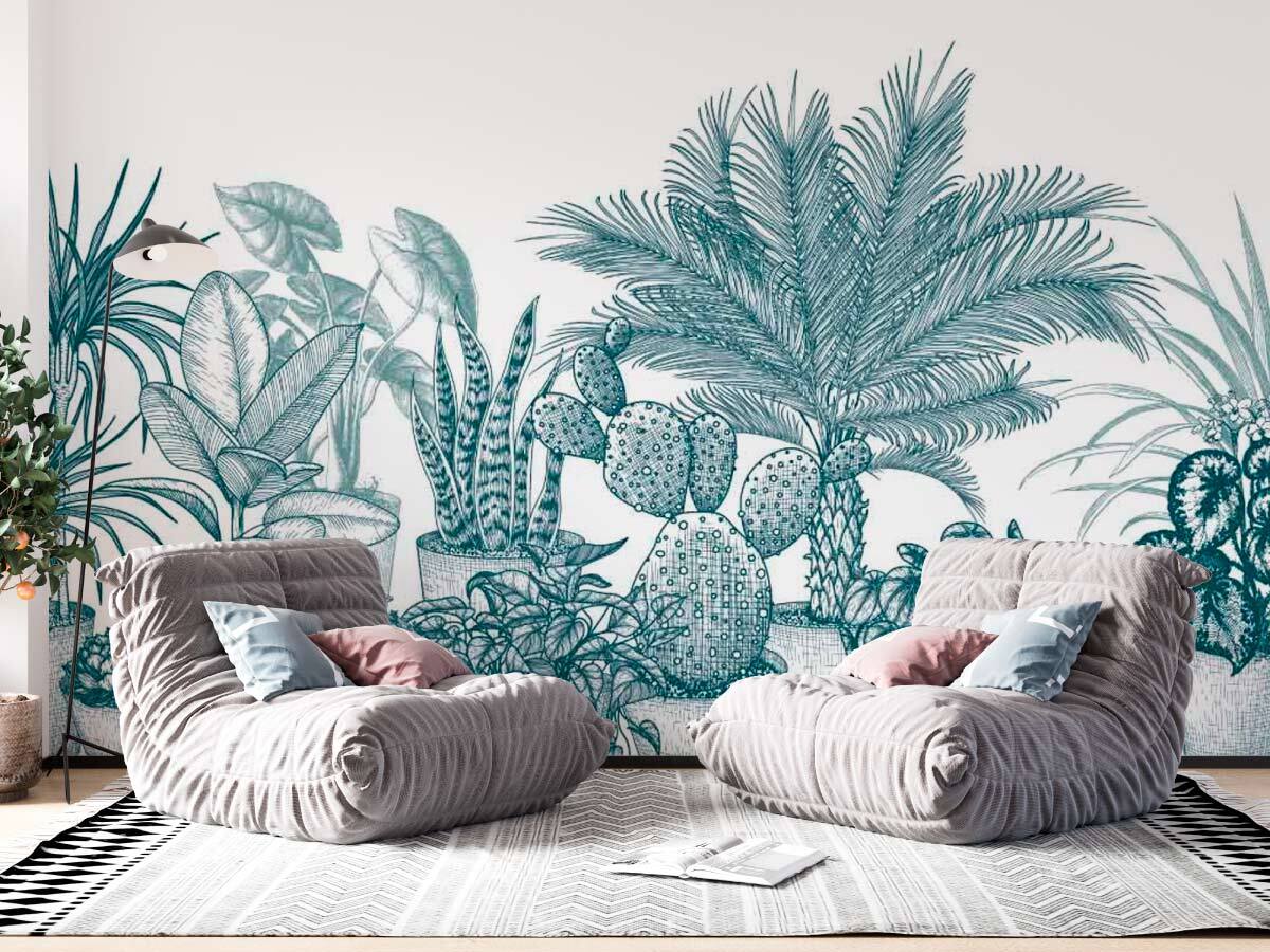 papier peint panoramique gravure bleuté jardin de cactus