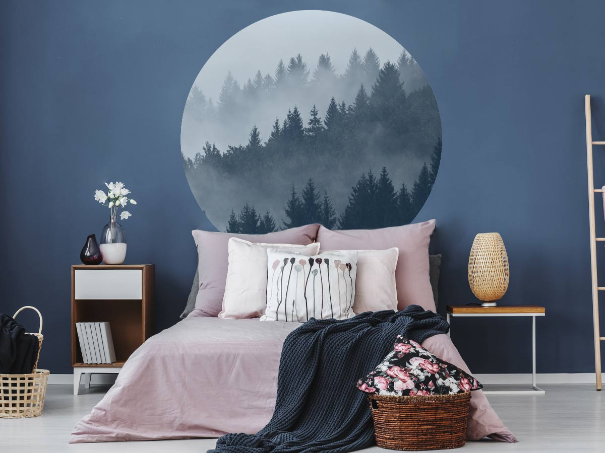 papier peint rond forêt bleu dans une chambre