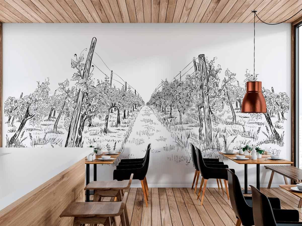papier peint panoramique dans salle de restauration vigne noir et blanc