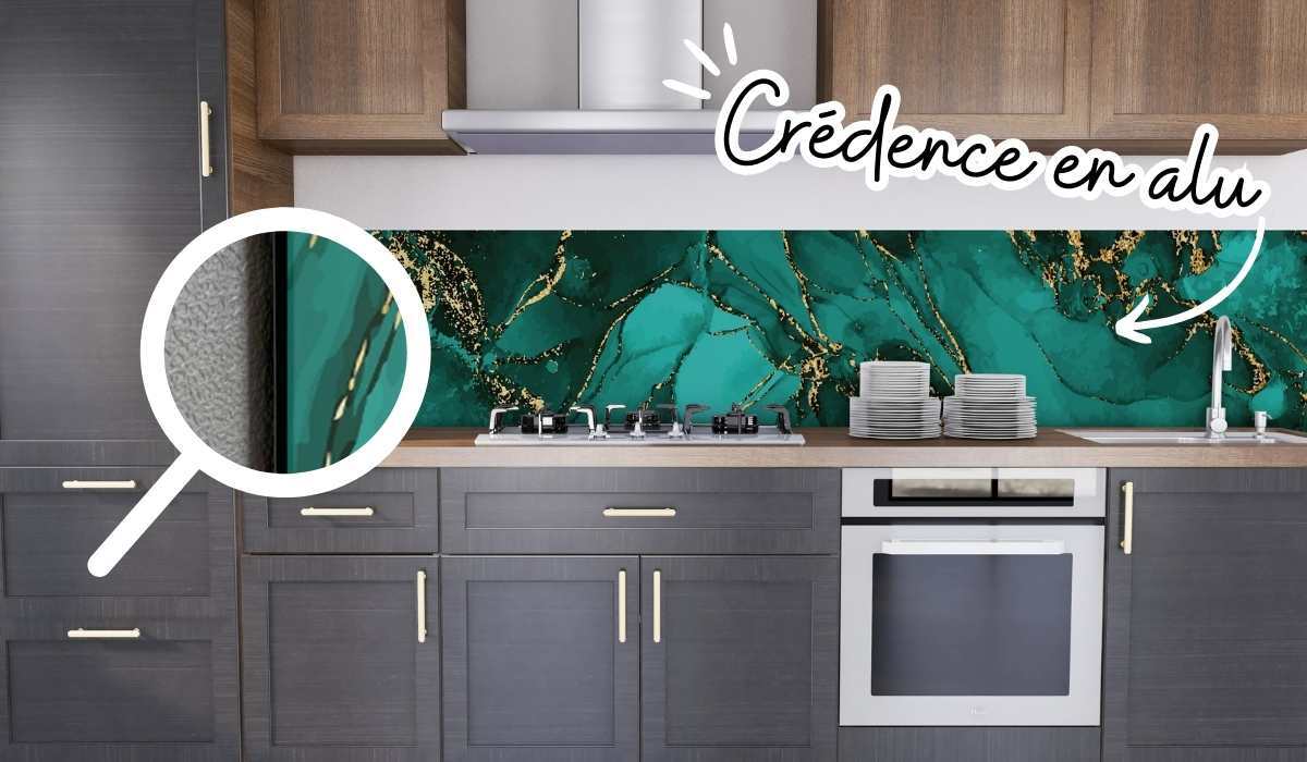 credence cuisine aluminium effet mabre vert et or