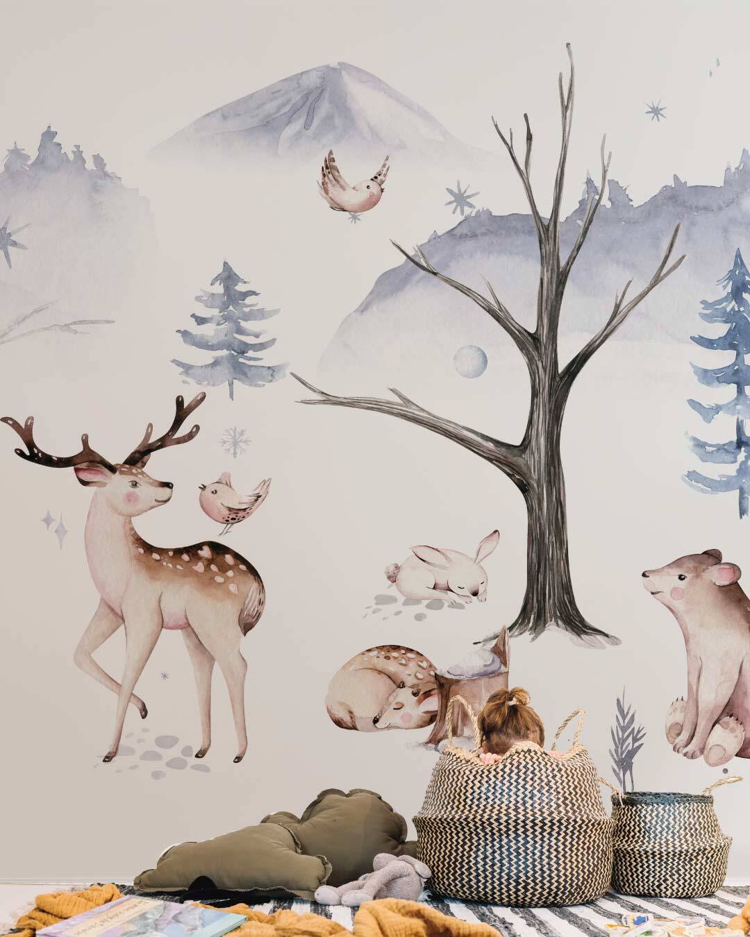 papier peint chambre enfant foret hivernale bleuté neige cerf