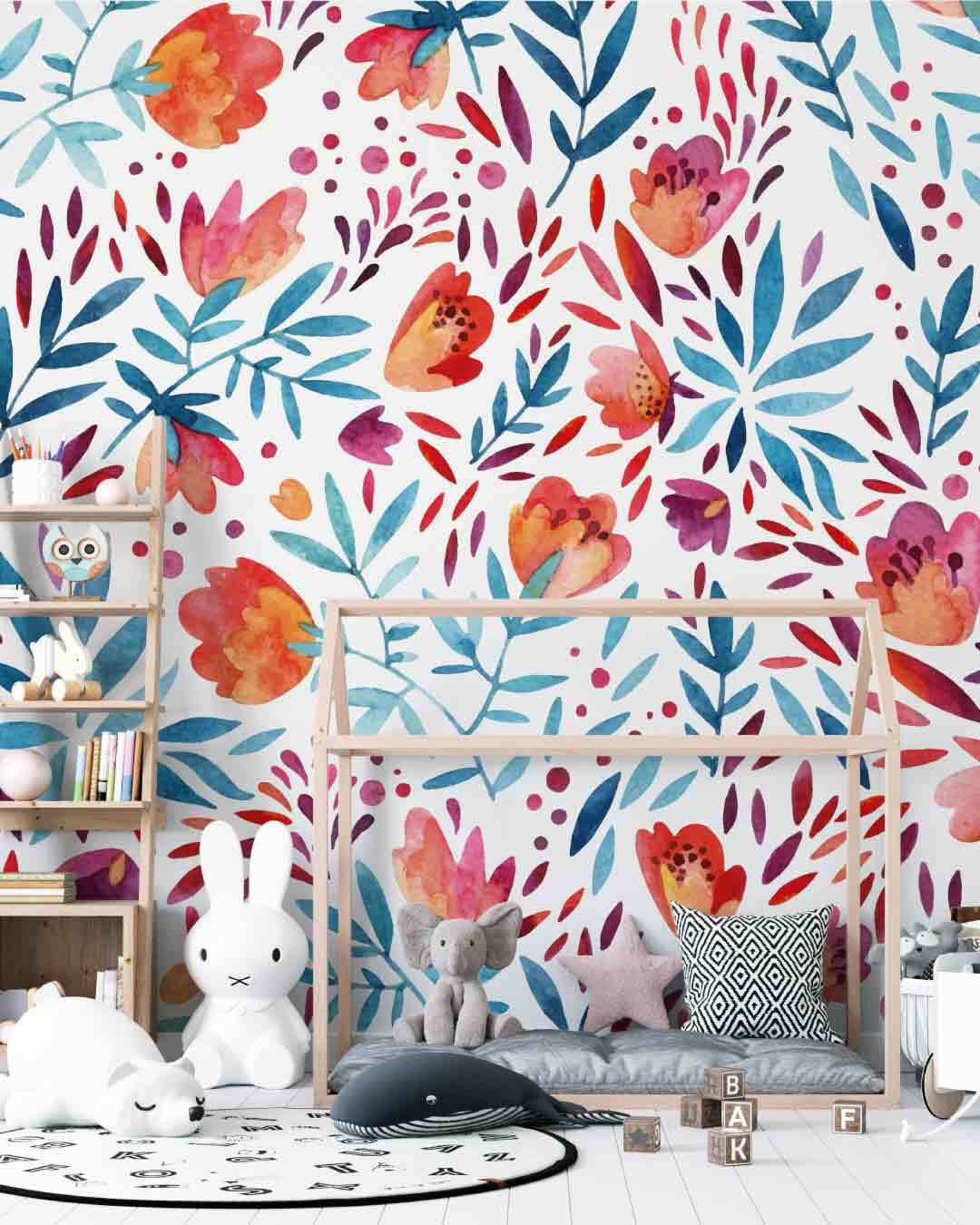 papier-peint-panoramique-fleurs-pavot-rose-bleu-chambre-enfant-tendance