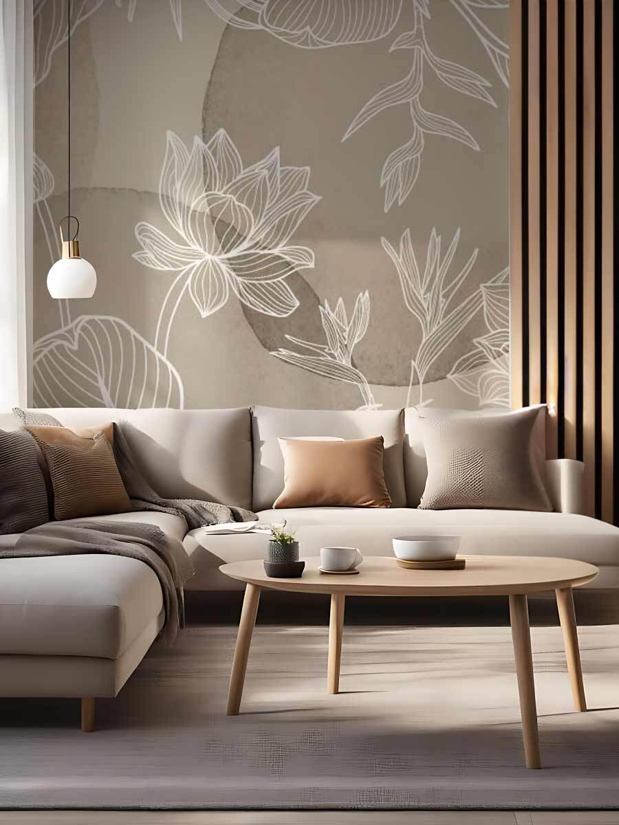 Salon papier peint panoramique fleurs blanche sur tache aquarelle couleur taupe et tasseaux de bois
