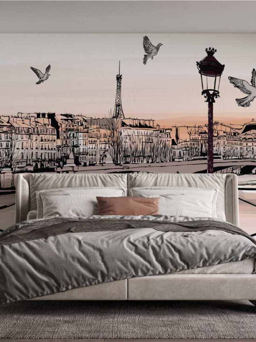 chambre draps gris avec papier peint paris, couleur rosé 