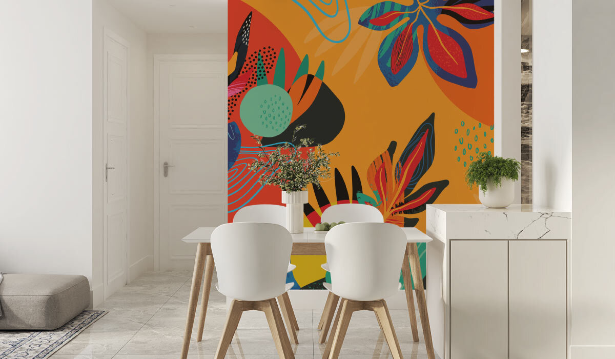 cuisine blanche avec papier peint floral pop