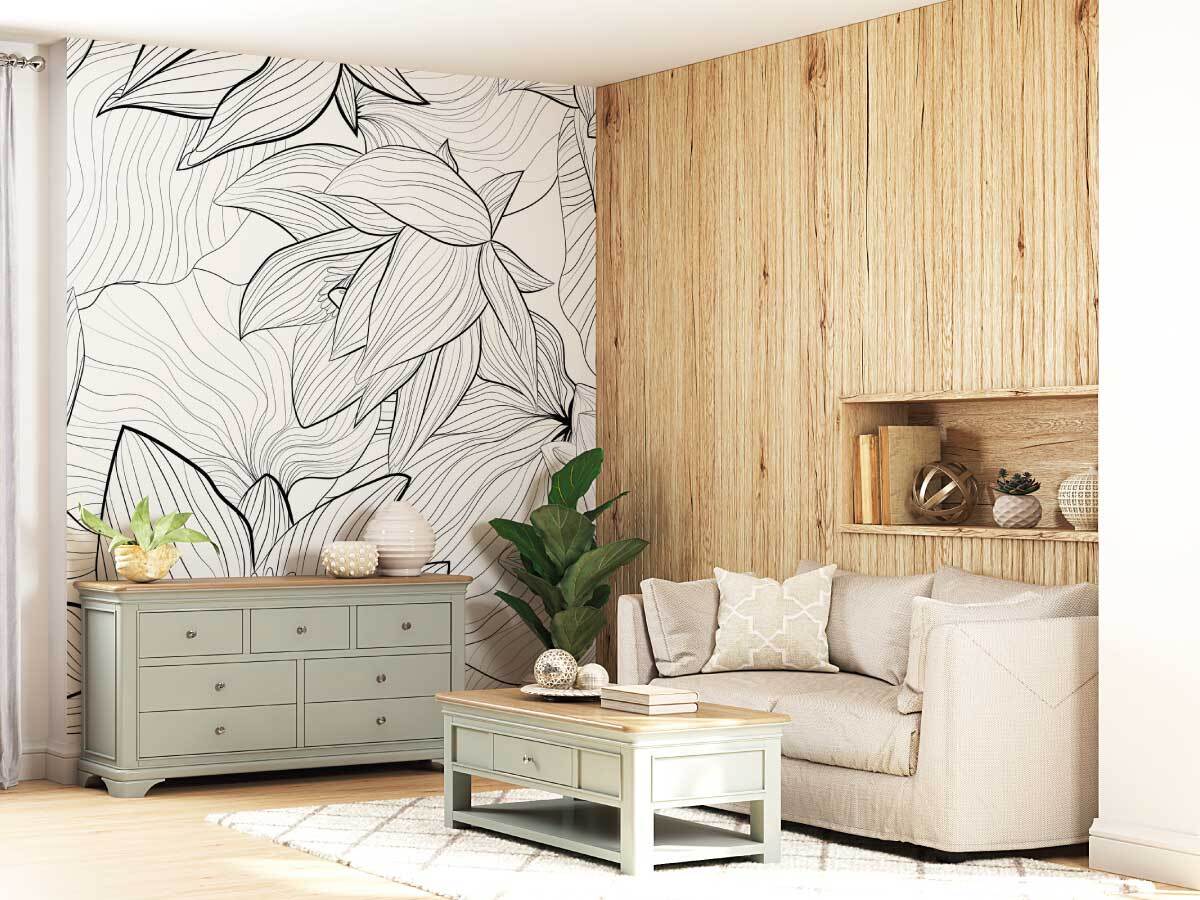 Papier peint NATURE FLORAL TRAITS dans un salon avec du bois, du blanc et des bleus en bleu ciel