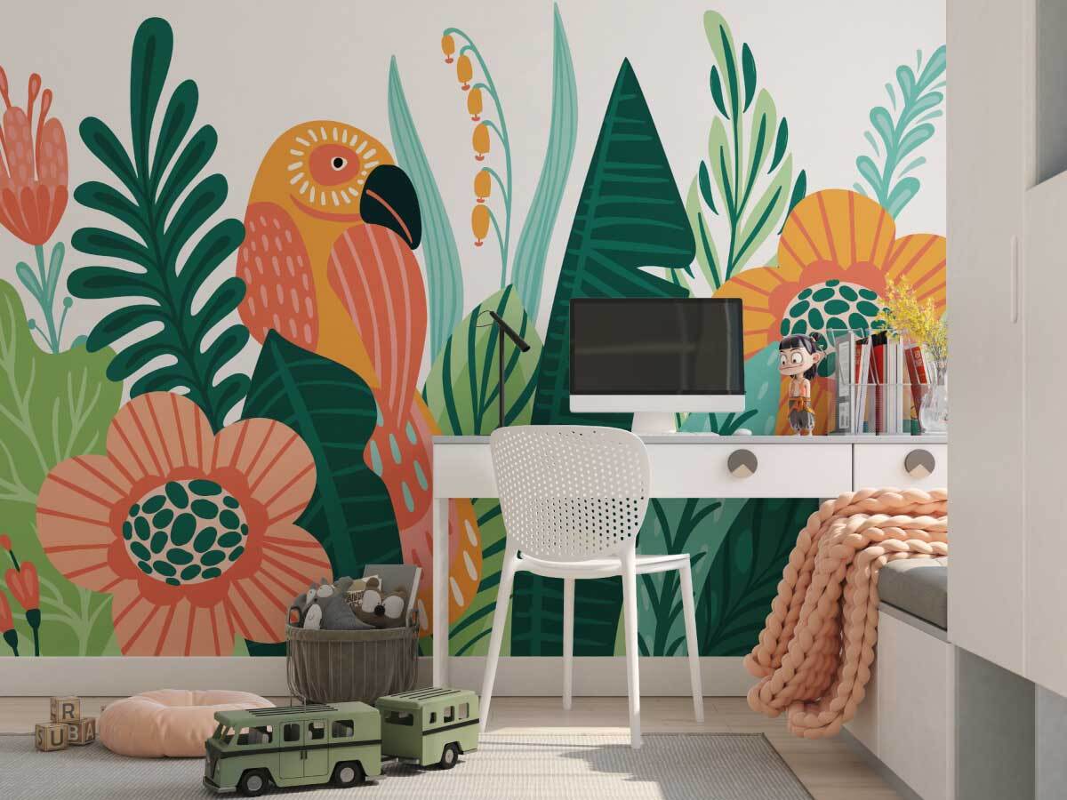papier peint panoramique perroquet et feuille, rose orange et vert dans une chambre ado
