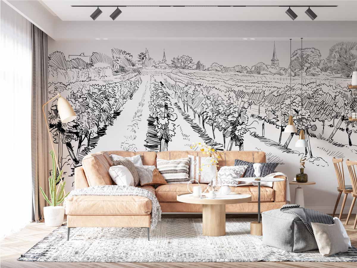 papier peint vigne dessin noir blanc dans un salon avec un canapé marron