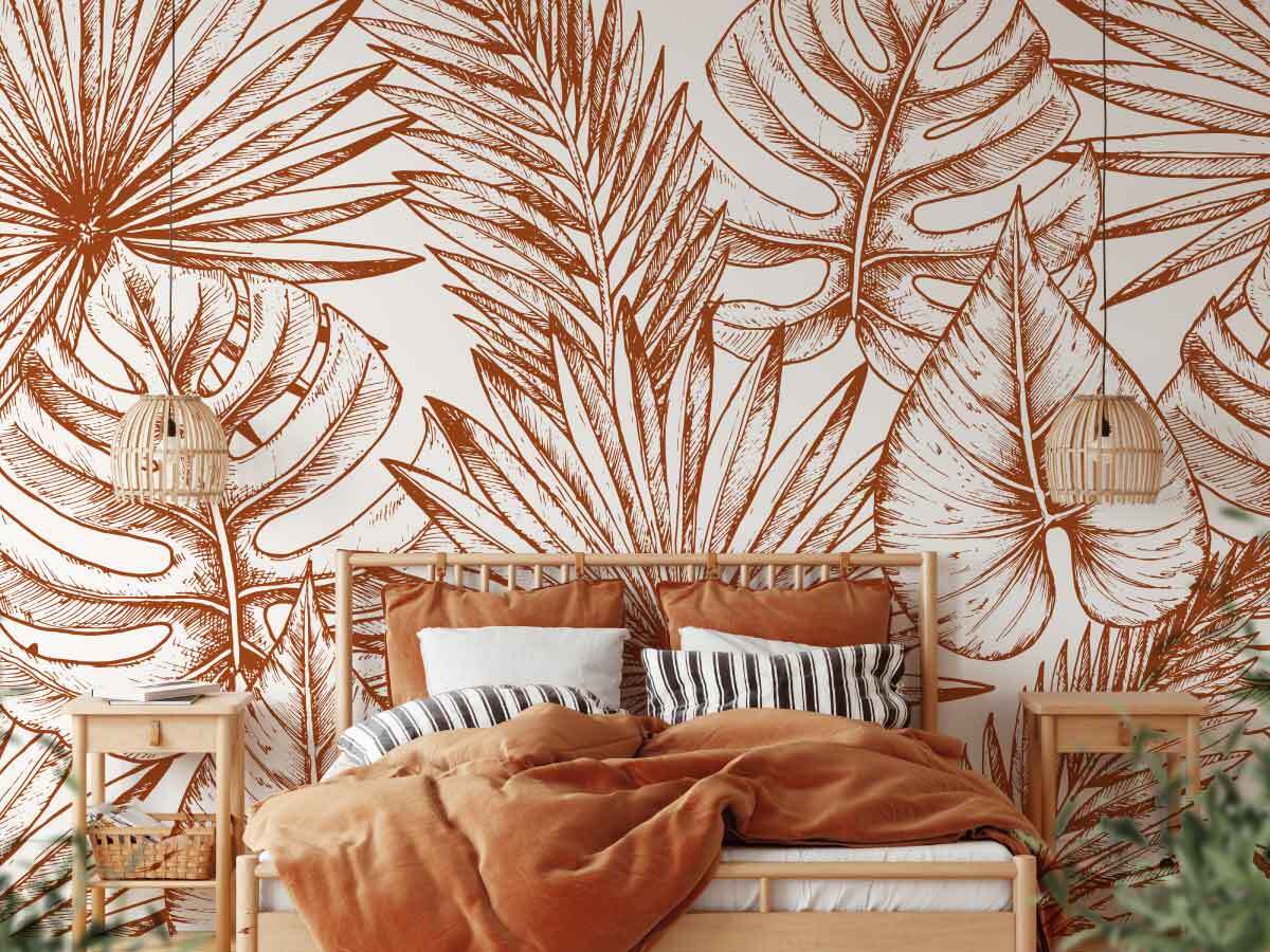 PAPIER PEINT TROPICALES DESSIN COULEUR COGNAC, POSER DANS UNE CHAMBRE