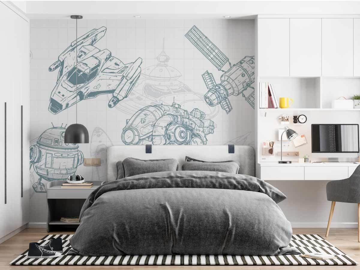 papier peint panoramique pour enfant, ado, tons bleu gris, sur theme spatial