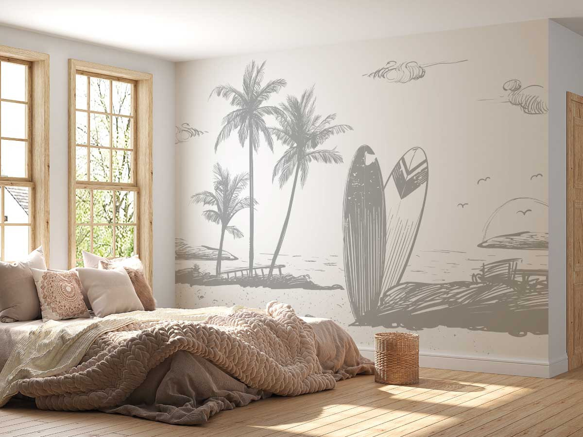 chambre dans les tons bois claire, avec un papier peint panoramique avec planches de surfs grises