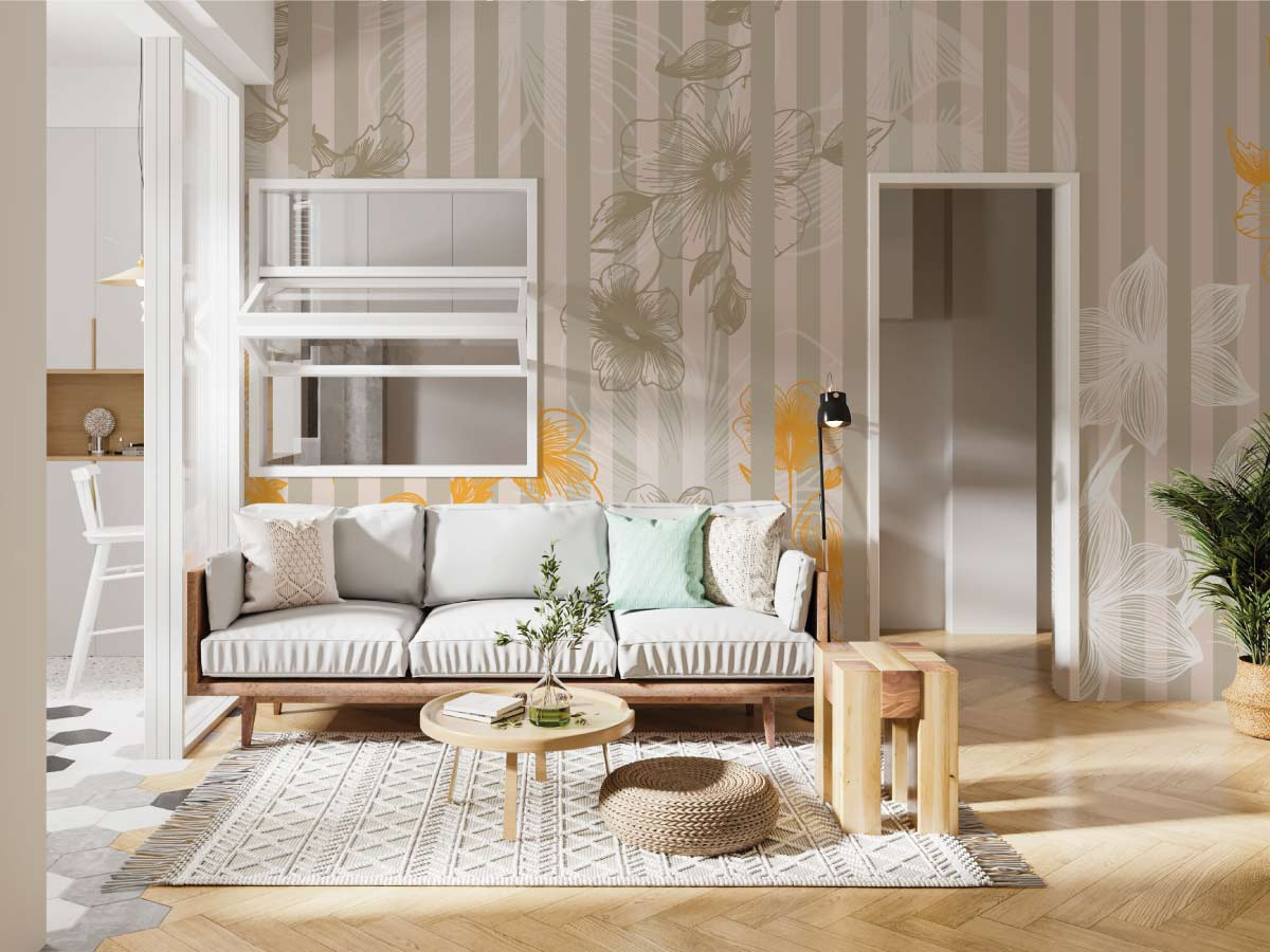 papier peint rayure beige et fleurs