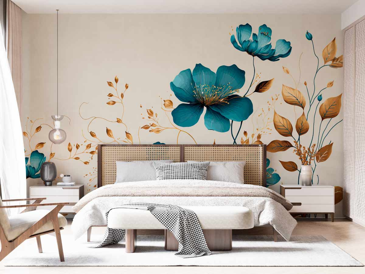 papier peint beige et fleurs geantes bleues 