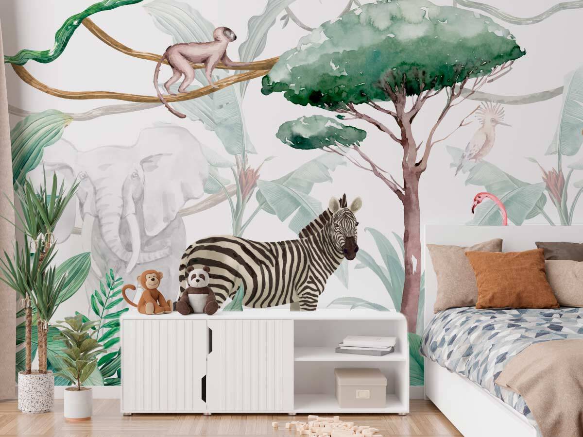 Chambre enfant avec papier peint jungle sur mur entier
