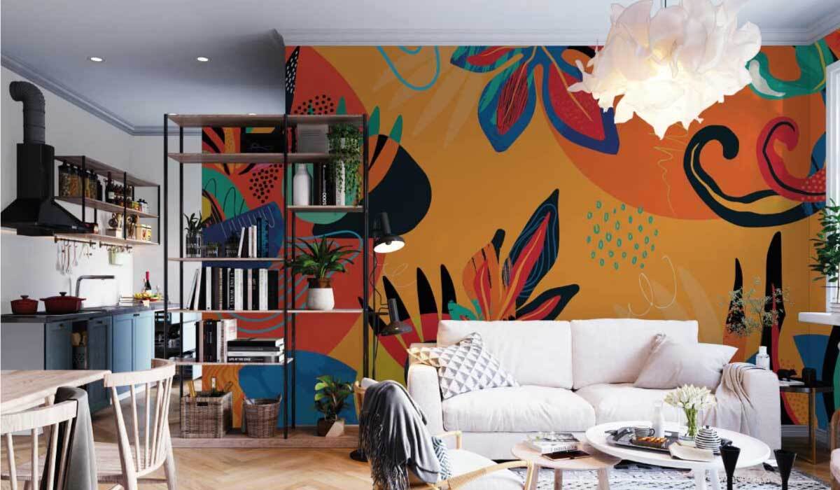 Décoration d'un salon avec un papier peint panoramique floral pop orange